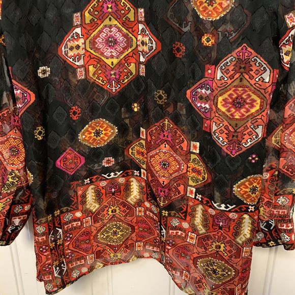 Ruby Rd Semi-Sheer Black Multi-color Geometric Print V-Neck Blouse Sz 14 - Picture 7 of 7